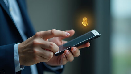 Flat Voice Recording Concept: Man Touching Microphone Icon on Smartphone for Audio App