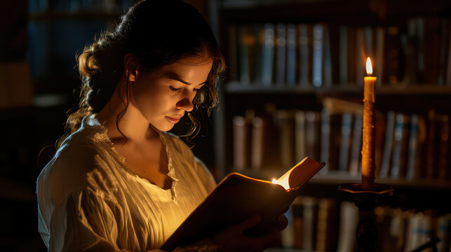 young woman reading book by candlelight in library