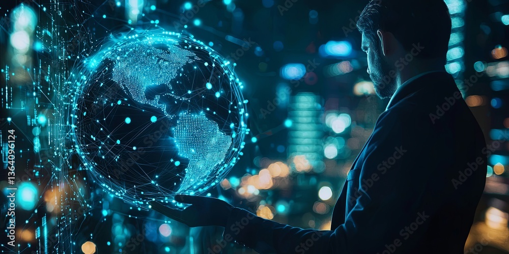 Aufkleber businessman analyzing futuristic digital globe with data connections and networks in a modern city e