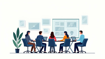 Boosting Productivity: A Flat Vector Illustration of a Business Team Collaborating in an Office Setting - Emphasizing Teamwork and Effective Communication in the Workplace