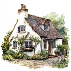 Charming cottage illustration, painted in watercolor style, nestled amidst lush greenery and flowers.  A quaint, idyllic scene depicting a traditional home