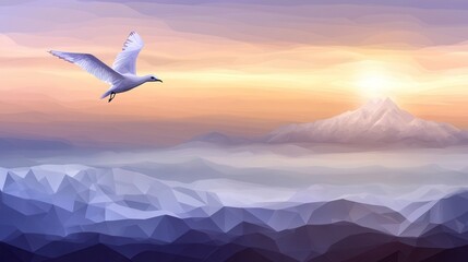 Seagull Soaring Sunrise Mountain Landscape.