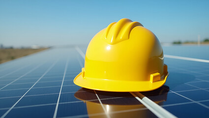 Yellow Safety Helmet on Solar Cell Panels: Emphasizing Safety in Renewable Energy - Stock Photo Concept with Empty Space for Customization