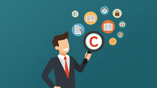 Flat Businessman Examines Copyright Symbol with Magnifying Glass: A Cute Vector Illustration of Digital Copyright, Intellectual Property, and Trademark Concepts