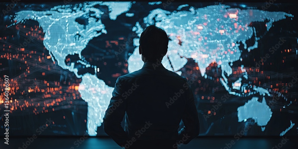 Poster Focused Businessman Analyzing Global Digital Data with Map Visualization in Background in a Futuristic Office Environment