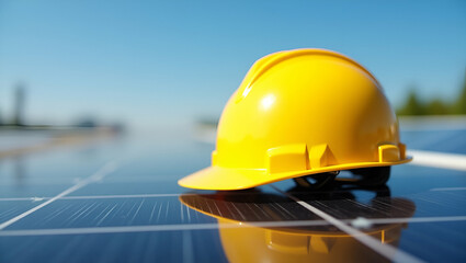 Yellow Safety Helmet on Solar Cell Panels: Emphasizing Safety in Renewable Energy - Stock Photo Concept with Empty Space for Customization