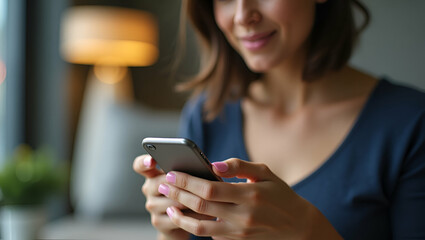 Fototapeta premium Woman Engaging in Live Chat on Smartphone: Digital Communication & Remote Work Concept