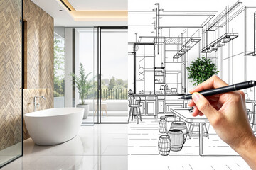 A modern interior design concept showing half a realistic bathroom and half an architectural sketch...