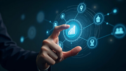 Fototapeta premium Hand interacting with holographic skills interface displaying learning growth teamwork innovation icons in empty space concept as Hand engages with holographic skills interface showcasing learning gro