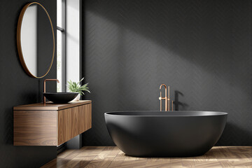 Stylish bathroom interior featuring a dark freestanding bathtub, wooden floating vanity, and gold fixtures against a textured dark wall, creating a modern luxury design. Ai generative