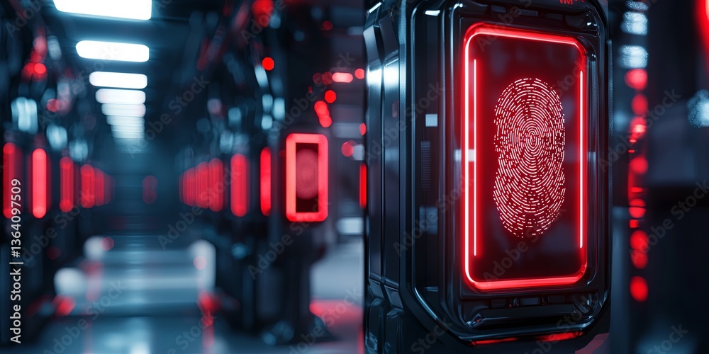 Aufkleber Futuristic Technology Concept with High-Tech Fingerprint Scanners in a Sci-Fi Environment and Neon Red Lights Enhancing Security and Identity Verification