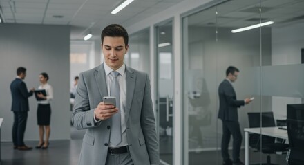 Business professional in modern office setting, networking and technology concept