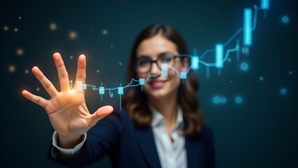 Businesswoman Artistically Illustrating Stock Market Development: Creative Visualization with Light Effects in Photo Stock Concept with Empty Space for Customization