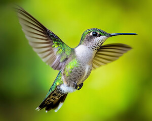 Fototapeta premium Hummingbird in Flight with Bright Green Nature Background 