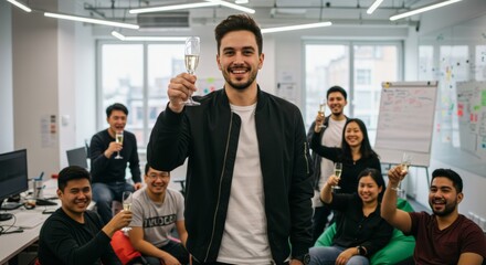 Team celebration in modern office setting with champagne toast