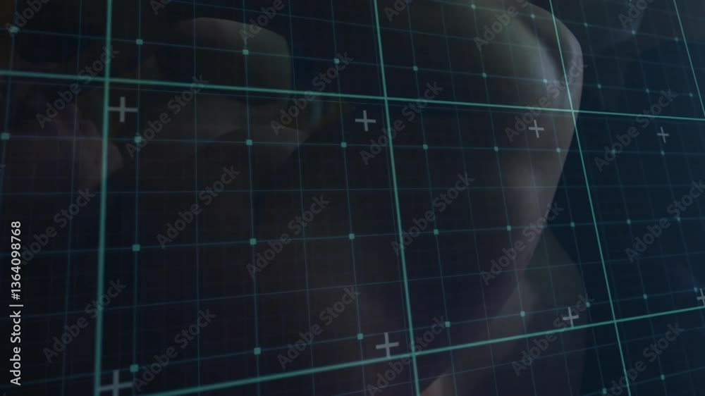Poster animation with grid lines and data points on abstract blurred background