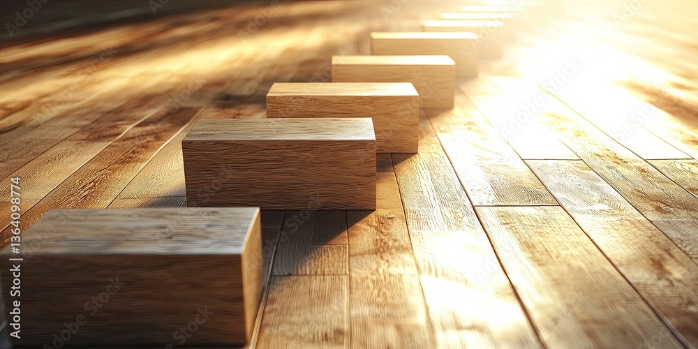Poster growth and success concept with wooden blocks and rising graphical arrow on a wooden table, represen