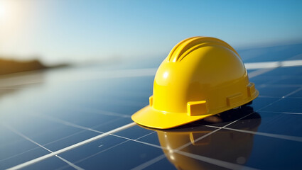 Yellow Safety Helmet on Solar Panels: Emphasizing Safety in Renewable Energy Concepts