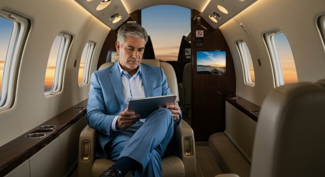 Business traveler in luxury private jet cabin at sunset - Powered by Adobe