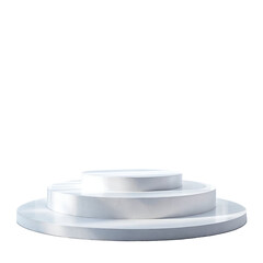 A pristine white tiered platform bathed in soft sunlight, ready for display, a minimalist stage for showcasing elegance and simplicity.