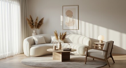 Minimalist, japandi interior design of modern living room.
