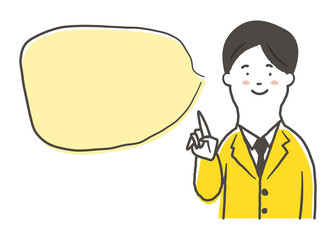 笑顔で指差ししている男性会社員の上半身と吹き出しの鉛筆で描いた手書き風のシンプルなイラスト素材