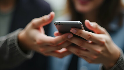 Close-Up of Friends Interacting with Smartphone: A Visual Representation of Social Connectivity and Technology Use in Stock Photography with Empty Space for Text