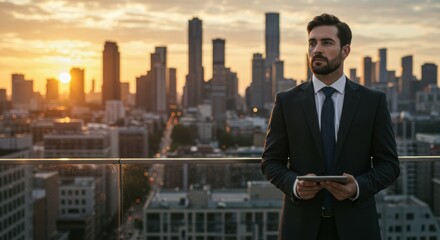 Obraz na płótnie Canvas Business professional on rooftop at sunset with city skyline