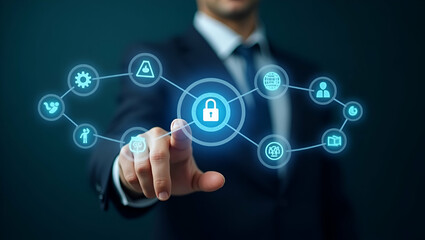 Hand Reviewing Holographic Business Audit Device: Analyzing Compliance Target Data with Icons in Empty Space - Innovative Concept for Business Audit and Compliance Solutions