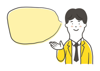 笑顔で案内をしている男性会社員の上半身と吹き出しの鉛筆で描いた手書き風のシンプルなイラスト素材