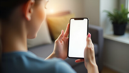 Young Woman Holding Cell Phone with Blank Screen for Social Media App Ad - Tech Concept