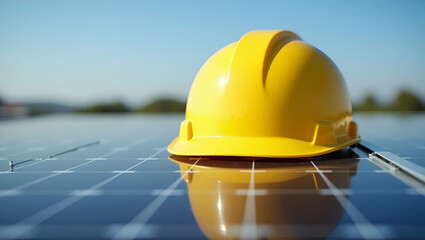 Flat Yellow safety helmet on solar cell panel concept as A yellow safety helmet placed on solar cell panels emphasizing safety and renewable energy. in  Simple flat cute vector illustration of  smart 