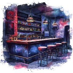 Artistic Depiction of a Trendy Bar Interior A Stylish Watercolor-Style Illustration of a Bar.