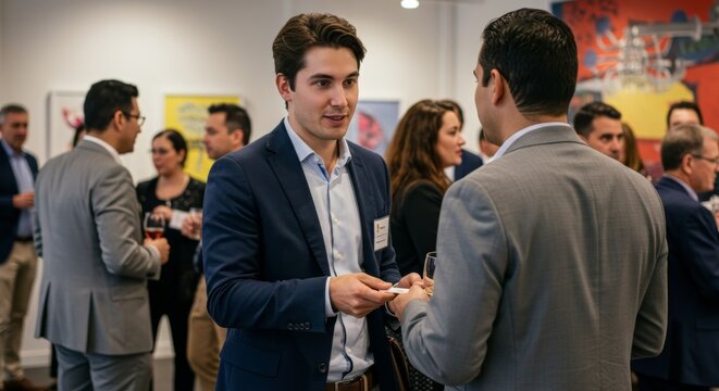 Professional networking event with business professionals engaged in conversations and exchange of ideas