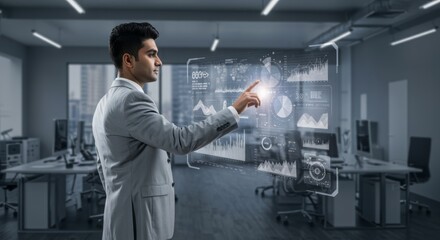 Businessman interacting with futuristic digital interface in modern office setting