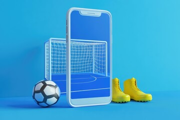 A vibrant soccer-themed scene featuring a blank smartphone in front of a blue goalpost. with yellow sports shoes and various soccer balls. perfect for sports-related promotions