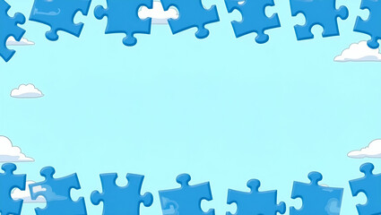 World Autism Awareness Day: Blue Puzzle Pieces and Cloud Border Design with Copy Space for Autism Awareness Messages - Perfect Photo Stock Concept for Promoting Understanding and Support