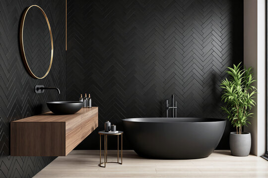 Elegant bathroom interior with dark herringbone wall, wooden floating vanity, round mirror, freestanding bathtub, and green plant. Luxury design concept. Ai generative