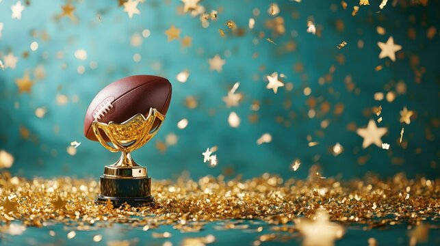 A close-up view of a brown leather football resting on a bed of golden confetti. next to a shiny golden trophy. set against a blurred festive background with star-shaped bokeh - Powered by Adobe
