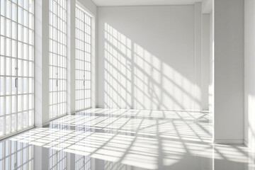 Fototapeta premium Spacious modern interior with tall grid-patterned windows casting shadows on a polished white floor, creating a minimalist and architectural aesthetic. Ai generative