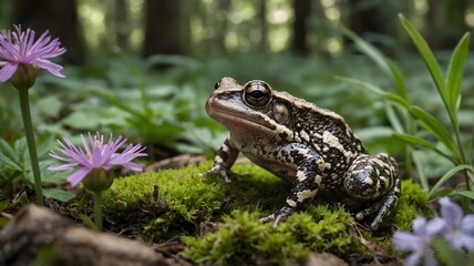 Obraz premium Eastern Narrow-Mouthed Toad Jumping Across Stones in a Wildflower Meadow