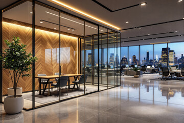 Stylish office interior with glass meeting room, wood paneling, and skyline view. Contemporary design with open workspace and elegant lighting. Ai generative