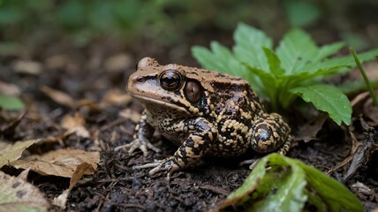 Fototapeta premium Oak Toad Resting by Pond in Moonlight Surrounded by Fireflies