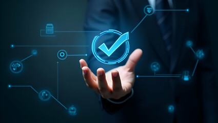 Hand holding holographic quality control device with certification standards assurance icons for automation process in empty space concept as Hand holds holographic quality control device displaying c