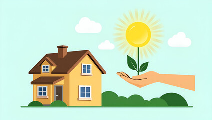 Illustration of energy efficient house with rating class concept eco home renovation to save costs low consumption ecological design and hand holding green building symbolizing sustainable development