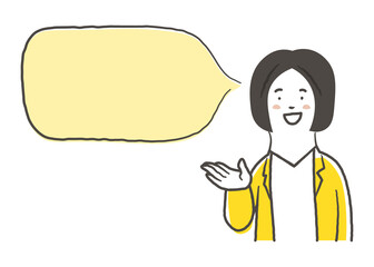 笑顔で案内をしている女性会社員の上半身と吹き出しの鉛筆で描いた手書き風のシンプルなイラスト素材