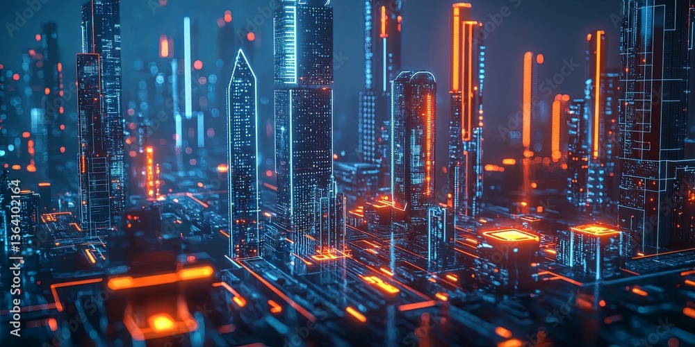 Poster futuristic cityscape with glowing neon lights and digital networks showcasing advanced technology an