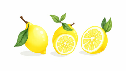 Flat Watercolor illustration of lemon with green leaves and juicy lemon wedge with white interior on white background ideal for food art and culinary designs concept as Watercolor illustration of lemo