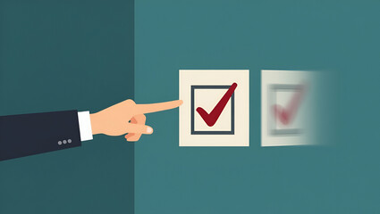 Flat Businessman Hand Touching Checkmark in Checkbox: Illustrating Smart Business Selection Choices in a Cute Vector Style for Effective Decision Making