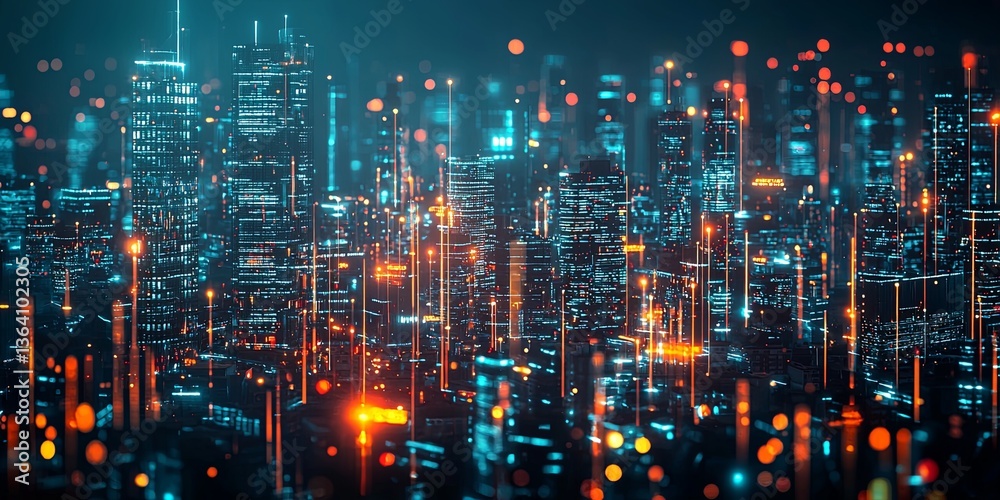 Poster futuristic cityscape with glowing neon lights and digital networks showcasing advanced technology an